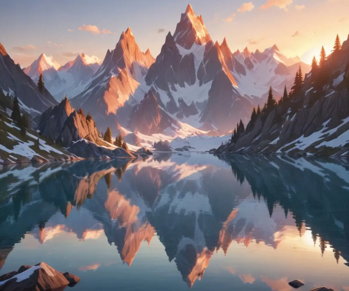 Jagged mountain peaks with snow tops reflected in a calm alpine lake during sunrise.
