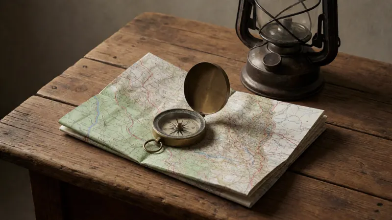 A rustic wooden table with a collection of outdoor adventure gear, including a compass, a map, and a vintage-style lantern.