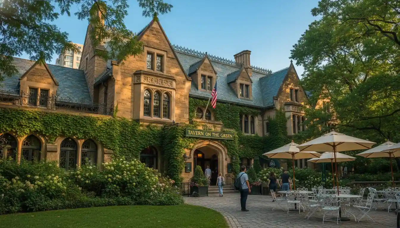 The elegant exterior of Tavern on the Green surrounded by lush greenery.