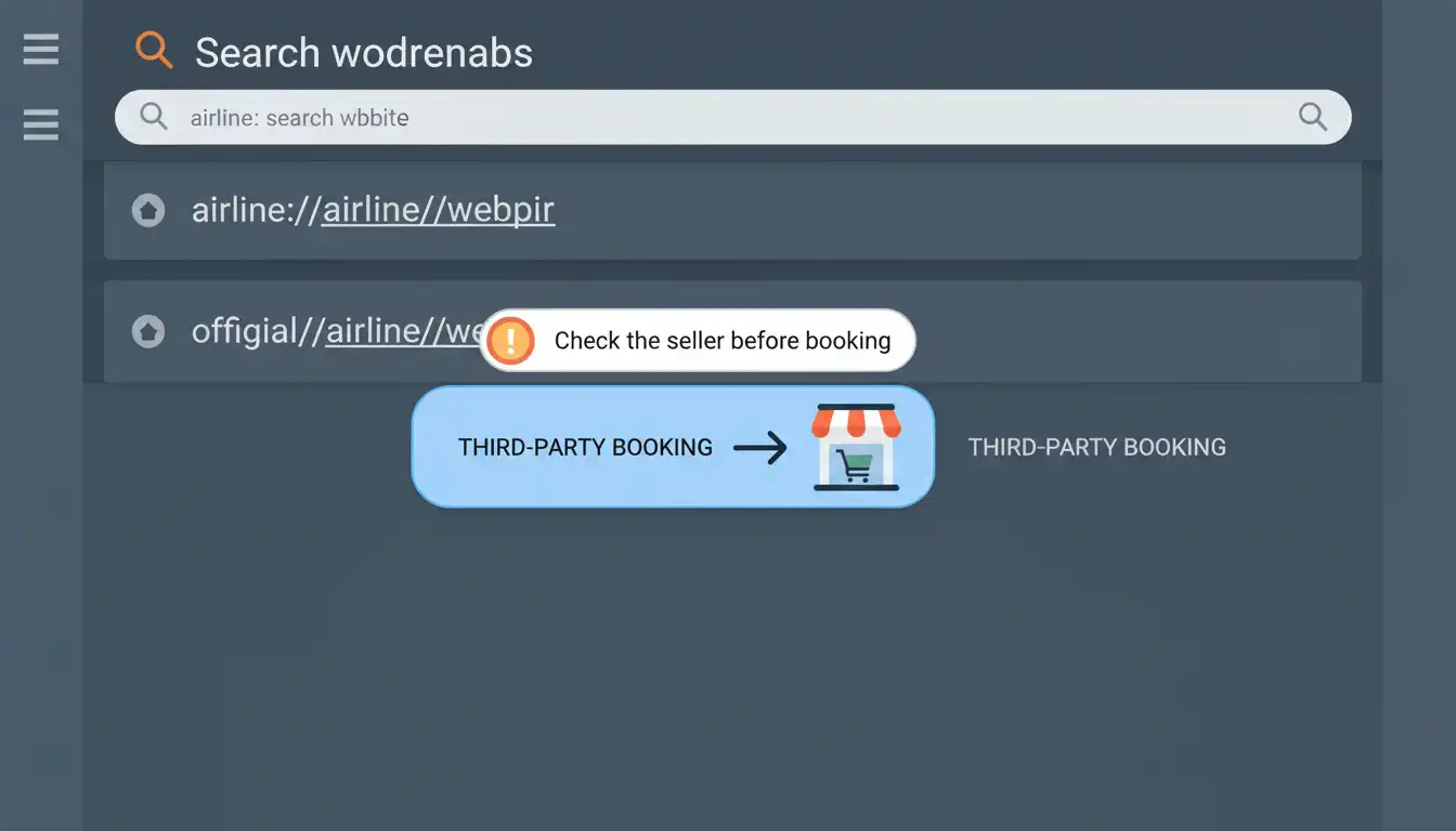 Warning about third-party booking sites — illustration of a booking link leading to a third-party page.