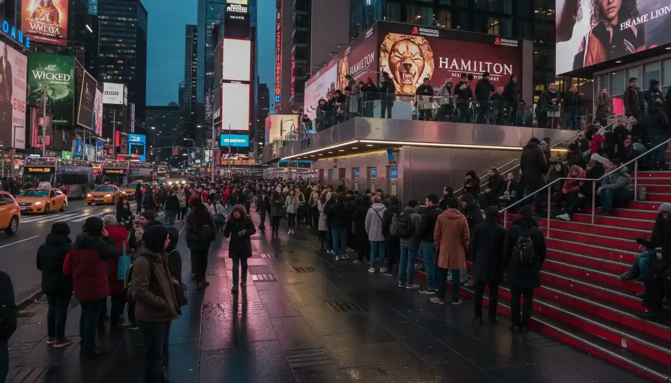 The famous red steps of the TKTS booth in Times Square.