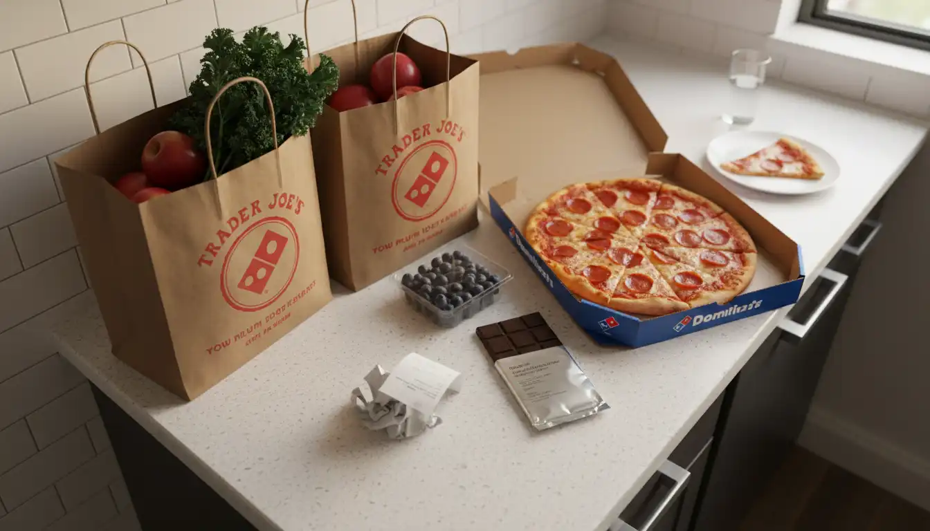 Trader Joe's grocery bags and a pizza box on a small kitchen counter.
