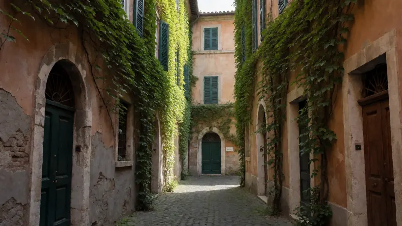 A narrow, cobblestone alley in Rome flanked by historic, ivy-covered buildings with faded pastel facades and traditional green shutters.