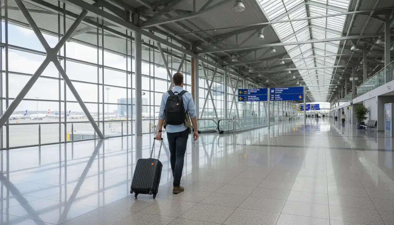 Traveler walking through a modern airport terminal with a rolling suitcase