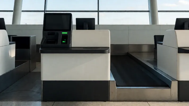 An empty airport check-in counter with a self-service kiosk and baggage conveyor belt.