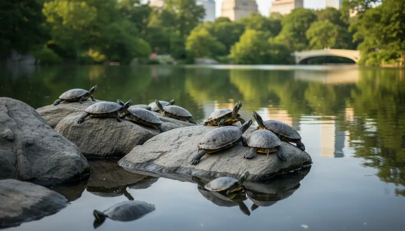 Turtles basking in the sun by the edge of a lake in Central Park.