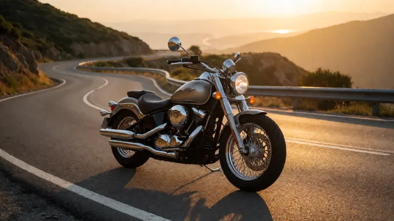 A classic cruiser motorcycle parked on a winding mountain road during sunset.