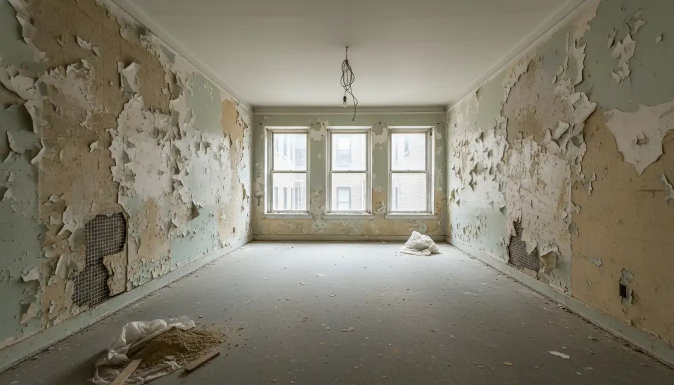 An empty apartment room with peeled walls and construction debris.