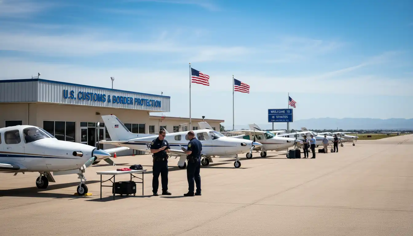 General aviation aircraft parked on the ramp waiting for US Customs agents