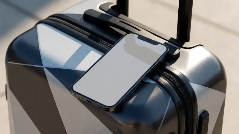 A close-up view of a blank smartphone screen resting on the geometric pattern of a modern hardshell suitcase.
