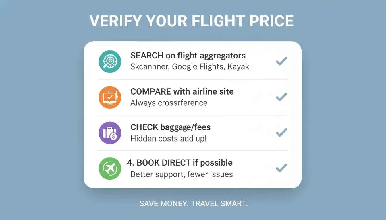 Step-by-step checklist: search, compare, click airline, confirm price.