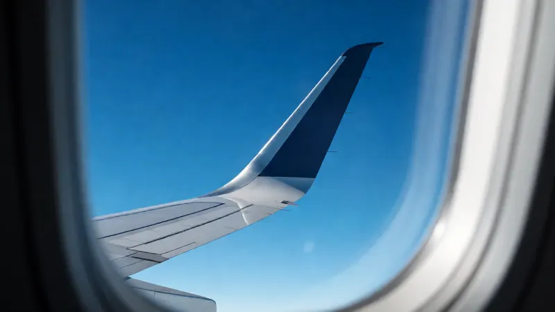 An airplane winglet seen through a passenger window against a blue sky.