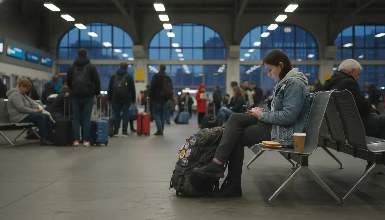 Traveler sitting inside a bus terminal during a long layover.