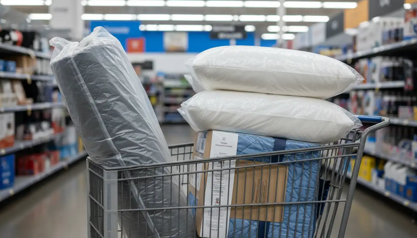 Shopping cart full of bedding supplies for car camping from Walmart