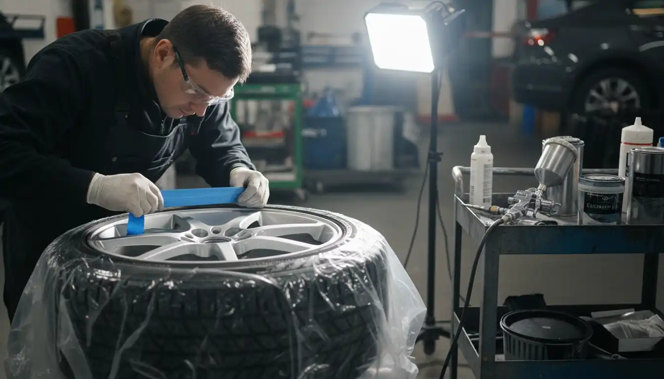 Technician applying paint and finish to a repaired alloy wheel rim