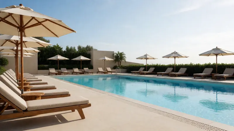 An empty resort swimming pool with lounge chairs and umbrellas arranged neatly on the clean patio deck under a sunny sky.