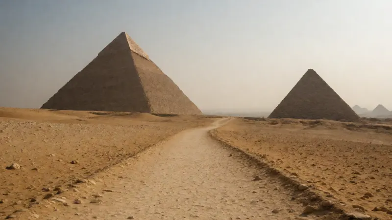 An empty desert path leading towards the Great Pyramids under a hazy sky.