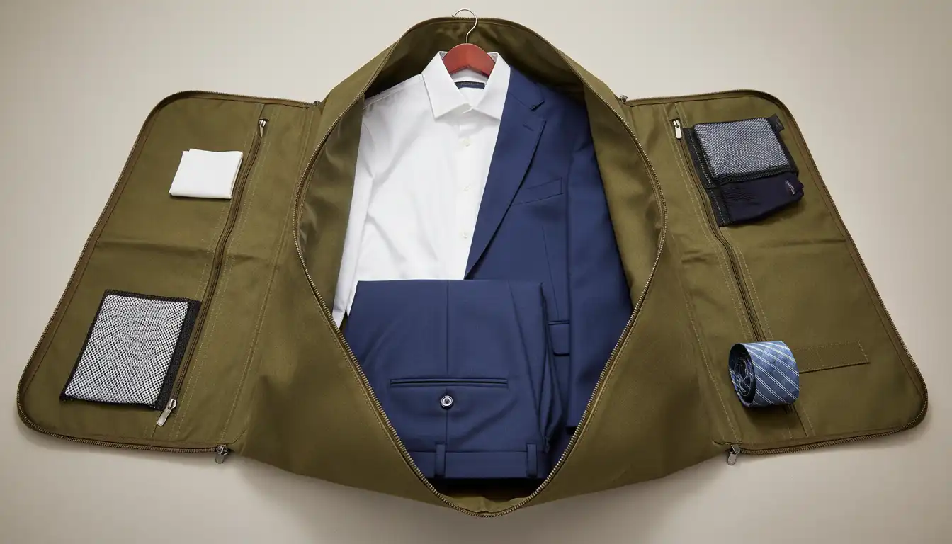 Open garment bag showing a wrinkle-free suit and dress shirt hanging inside